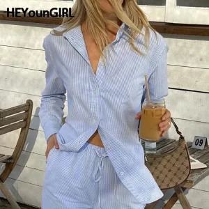 Amozae Women Blue Striped Buttons Shirt Basic Autumn Long Sleeve Loose Fit Top Minimalist Ladies High Street Casual Tee