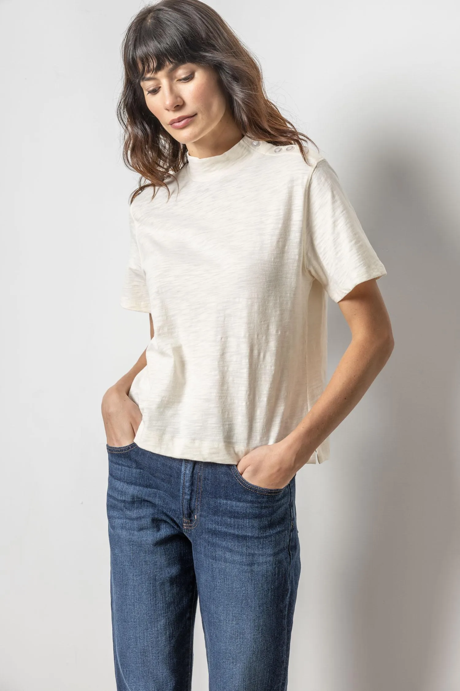 Button Shoulder Mock Neck