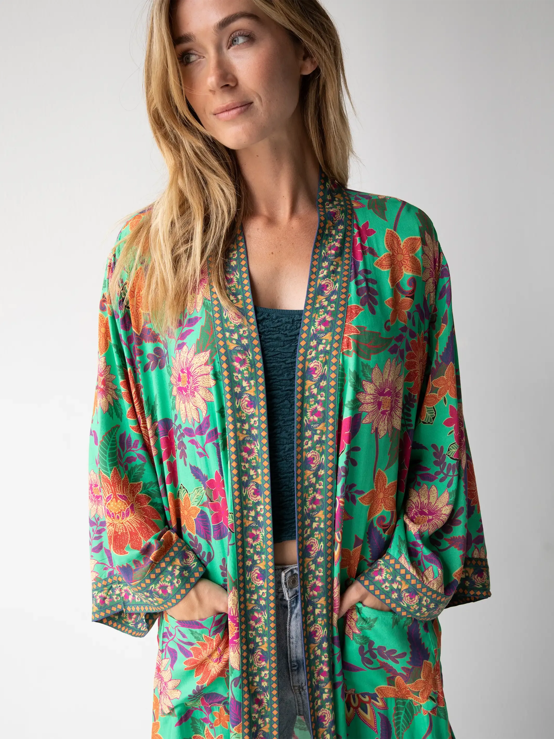 Camila Kimono - Bright Green Floral