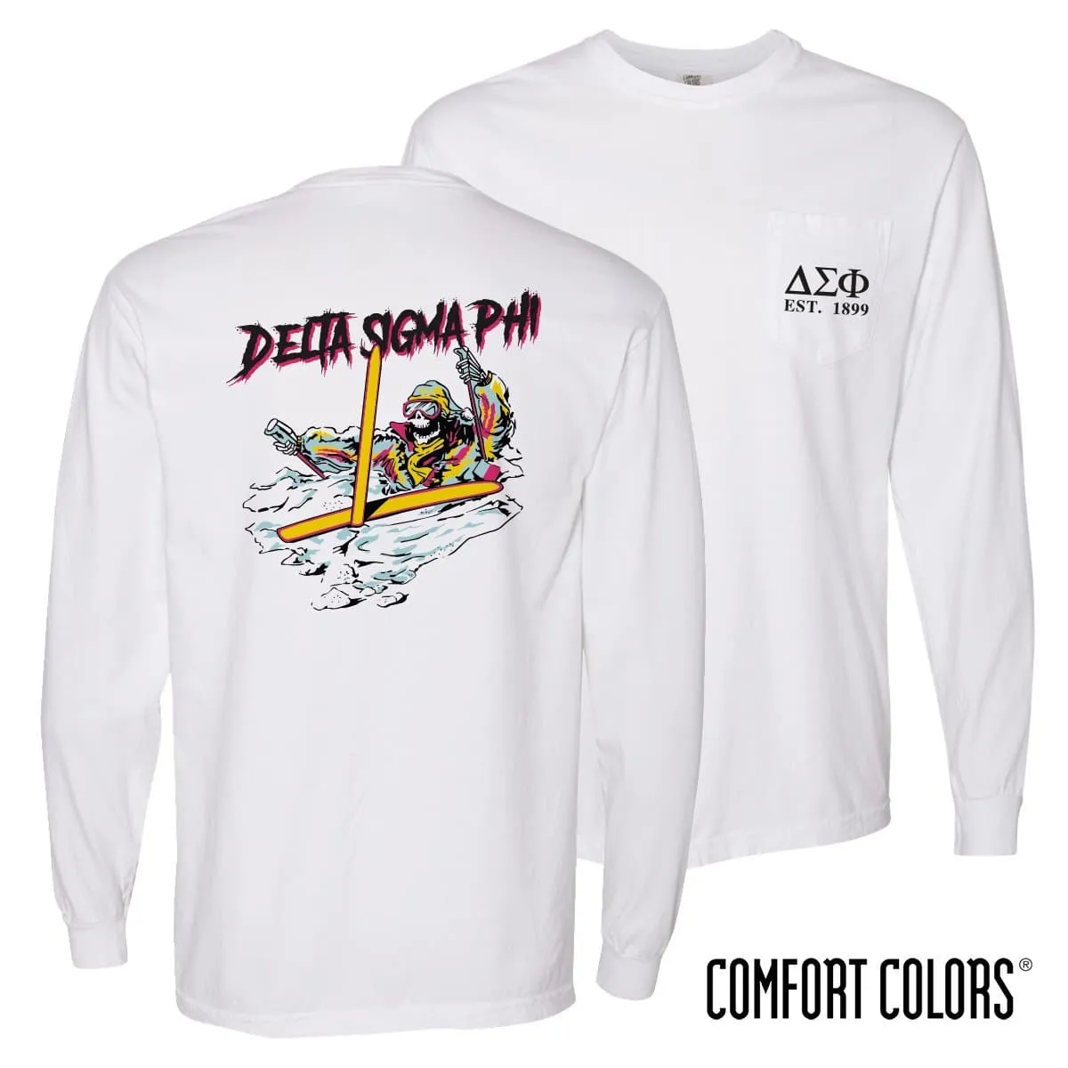 Delta Sig Comfort Colors White Long Sleeve Ski-leton Tee