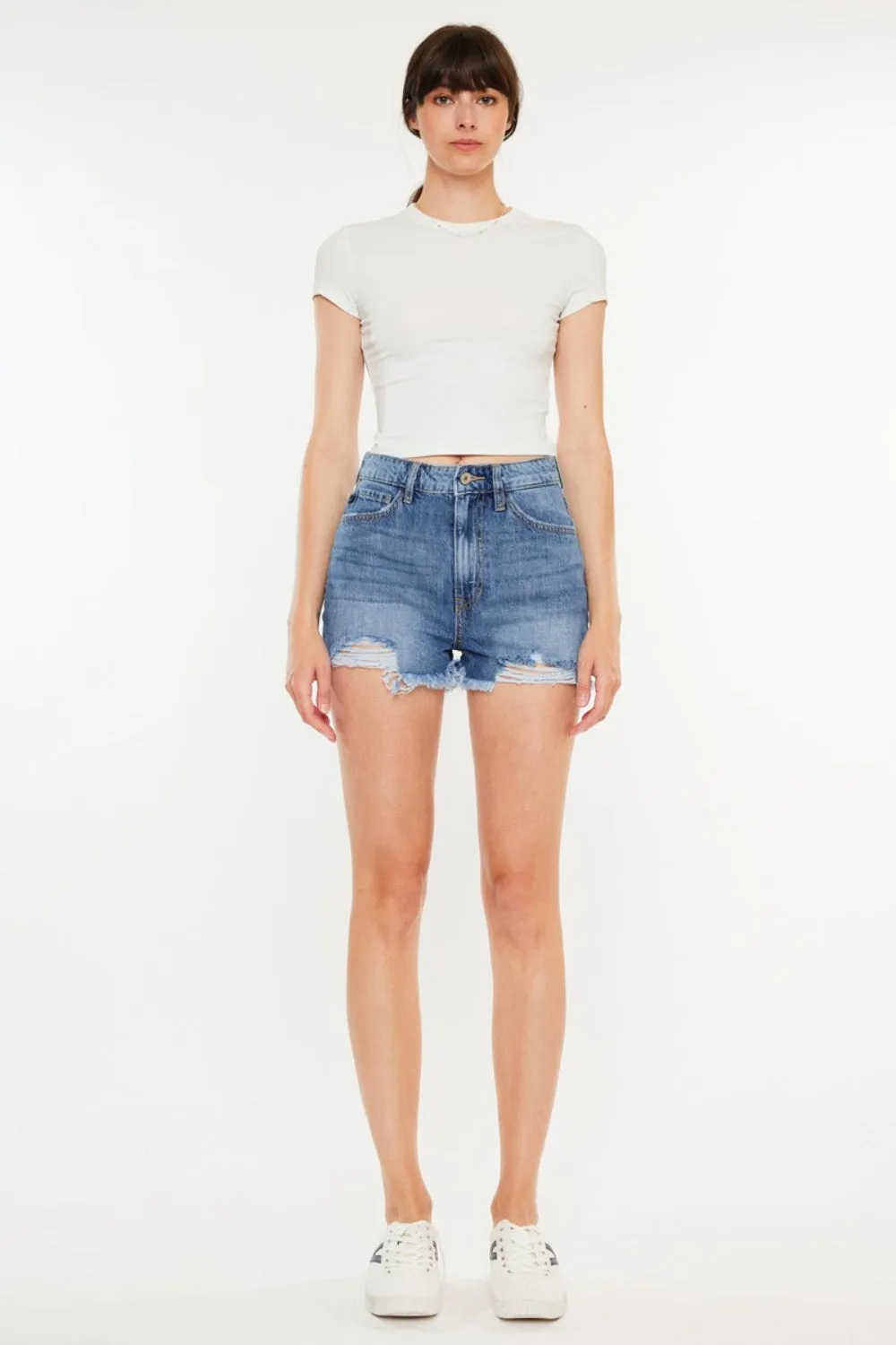 Kancan Distressed Raw Hem High Waist Denim Shorts