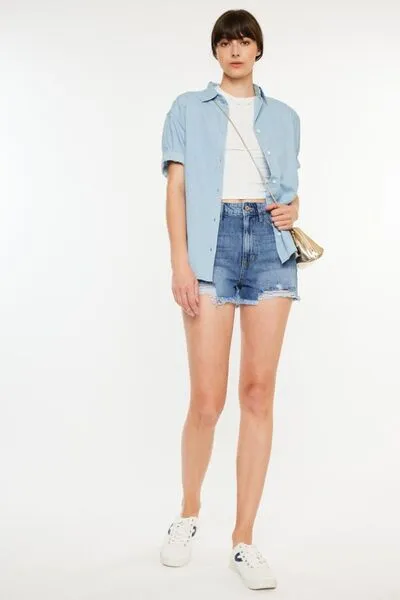 Kancan Distressed Raw Hem High Waist Denim Shorts