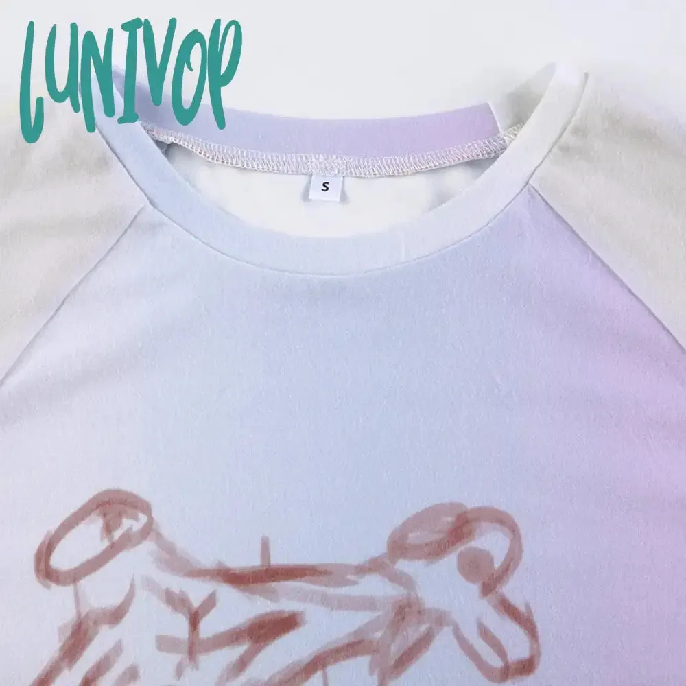 Lunivop Cute Puppy Graffiti Print Long Sleeve T-shirt Women Korean Fashion Patchwork Crop Top Girl Y2k 2000s Fitted Tee Shirt Chic Tops