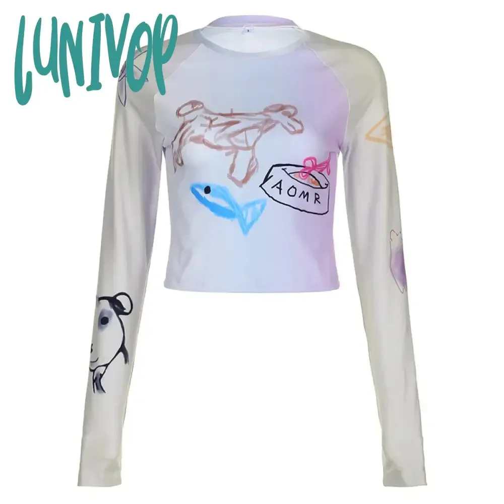 Lunivop Cute Puppy Graffiti Print Long Sleeve T-shirt Women Korean Fashion Patchwork Crop Top Girl Y2k 2000s Fitted Tee Shirt Chic Tops