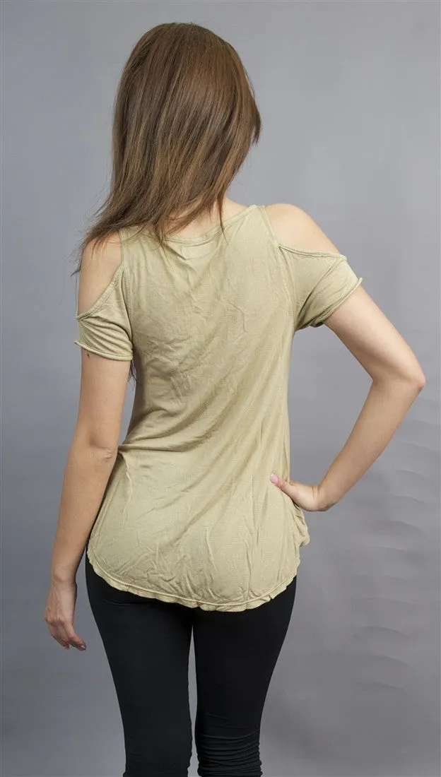 Michael Lauren Sunny Open Shoulder Tee in Khaki