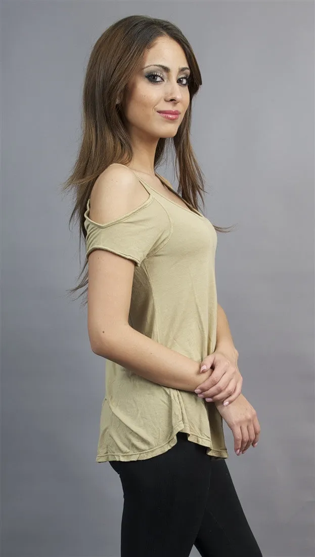 Michael Lauren Sunny Open Shoulder Tee in Khaki