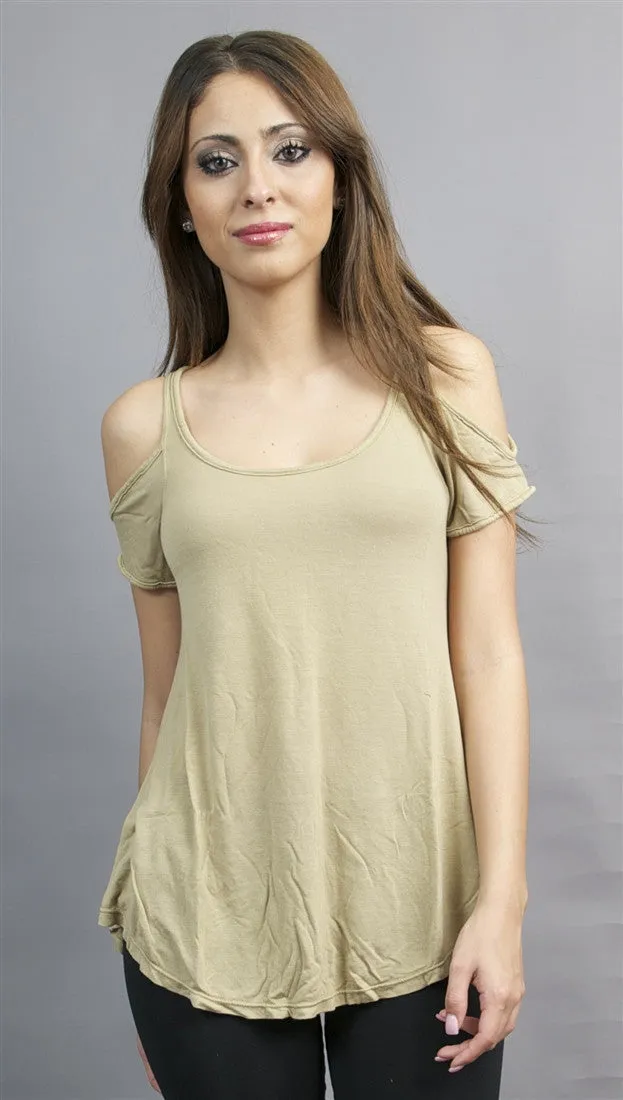 Michael Lauren Sunny Open Shoulder Tee in Khaki