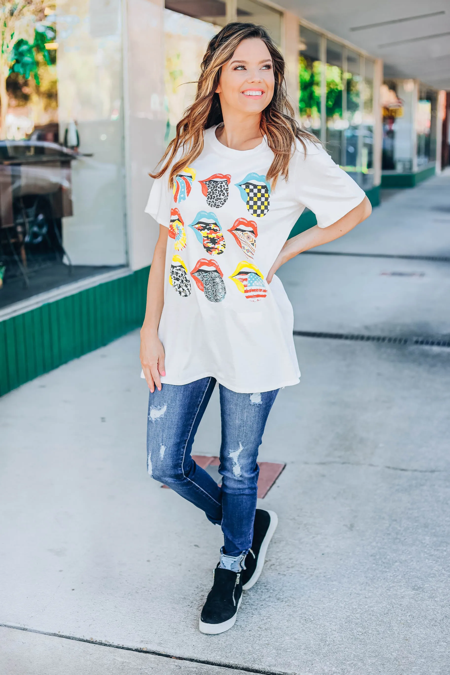 Multi Tongue Print Graphic Tee - White Slightly Imperfect