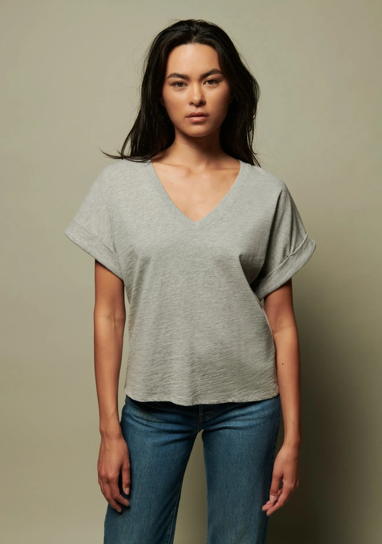 Nation LTD - Stevie Cuffed V-Neck in Heather Grey