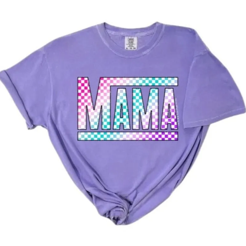 (Purple) Retro Colorful Checkered Mama Adult Short Sleeve Tee