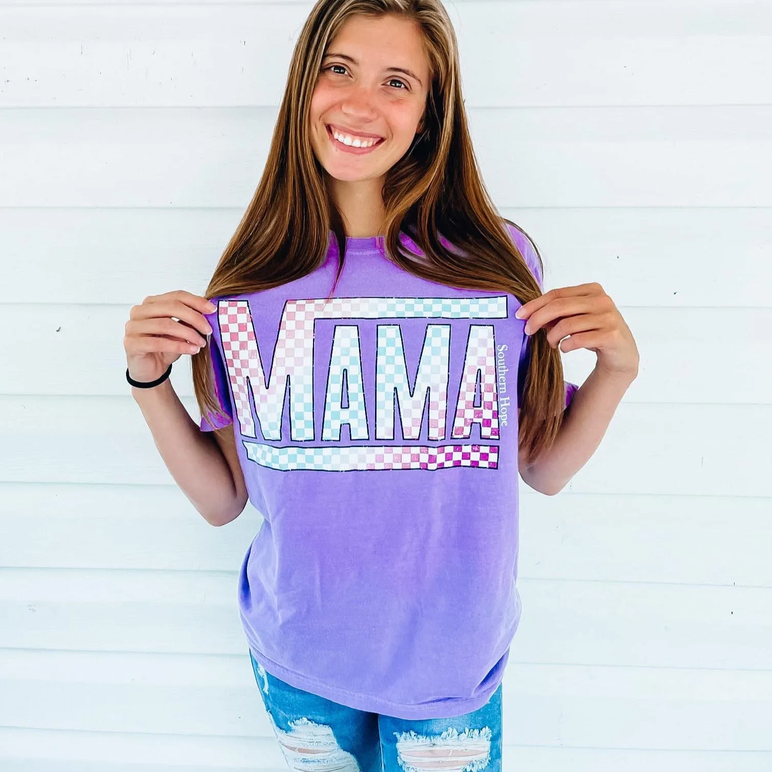 (Purple) Retro Colorful Checkered Mama Adult Short Sleeve Tee