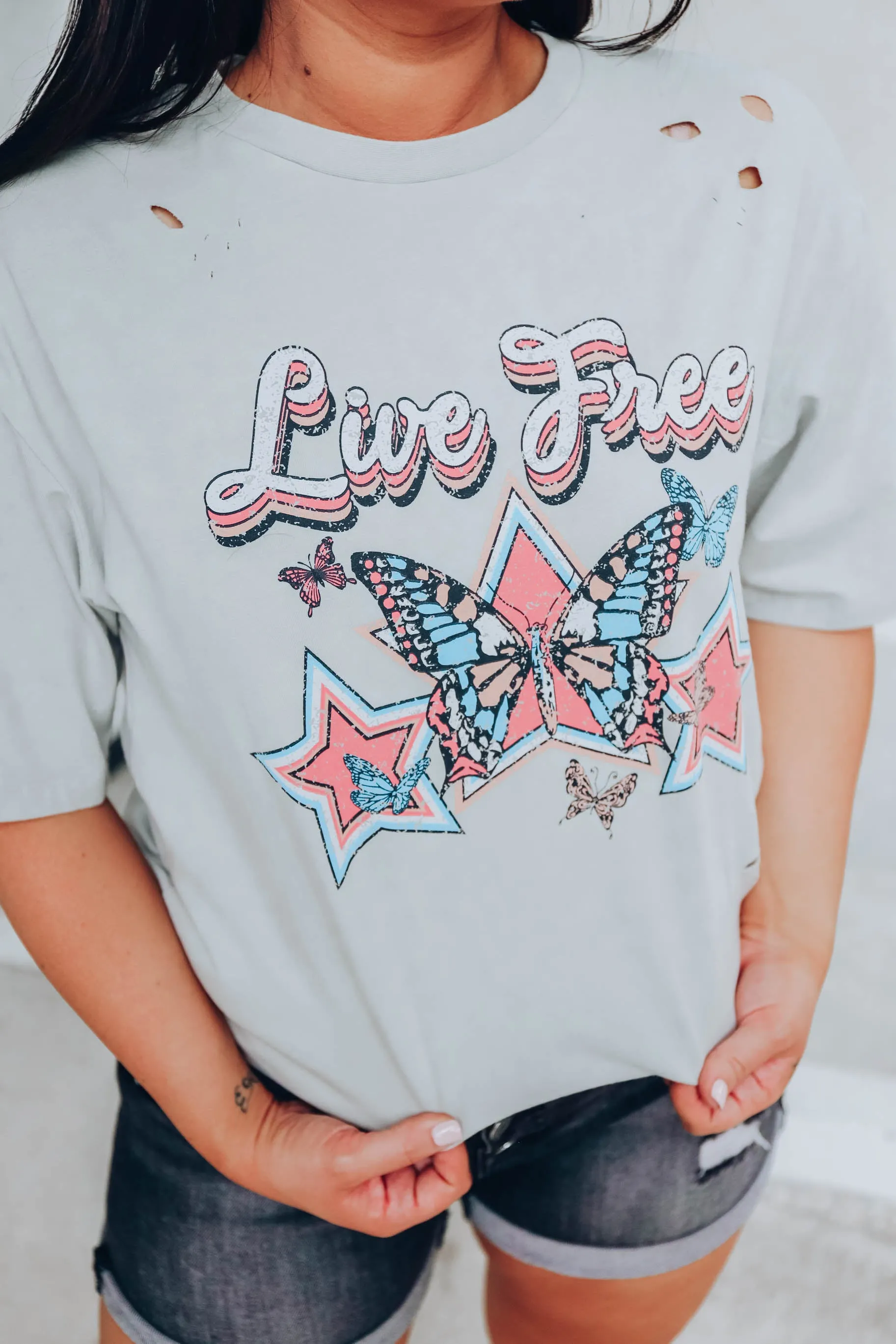 "Live Free" Vintage Graphic Tee - Lt Green