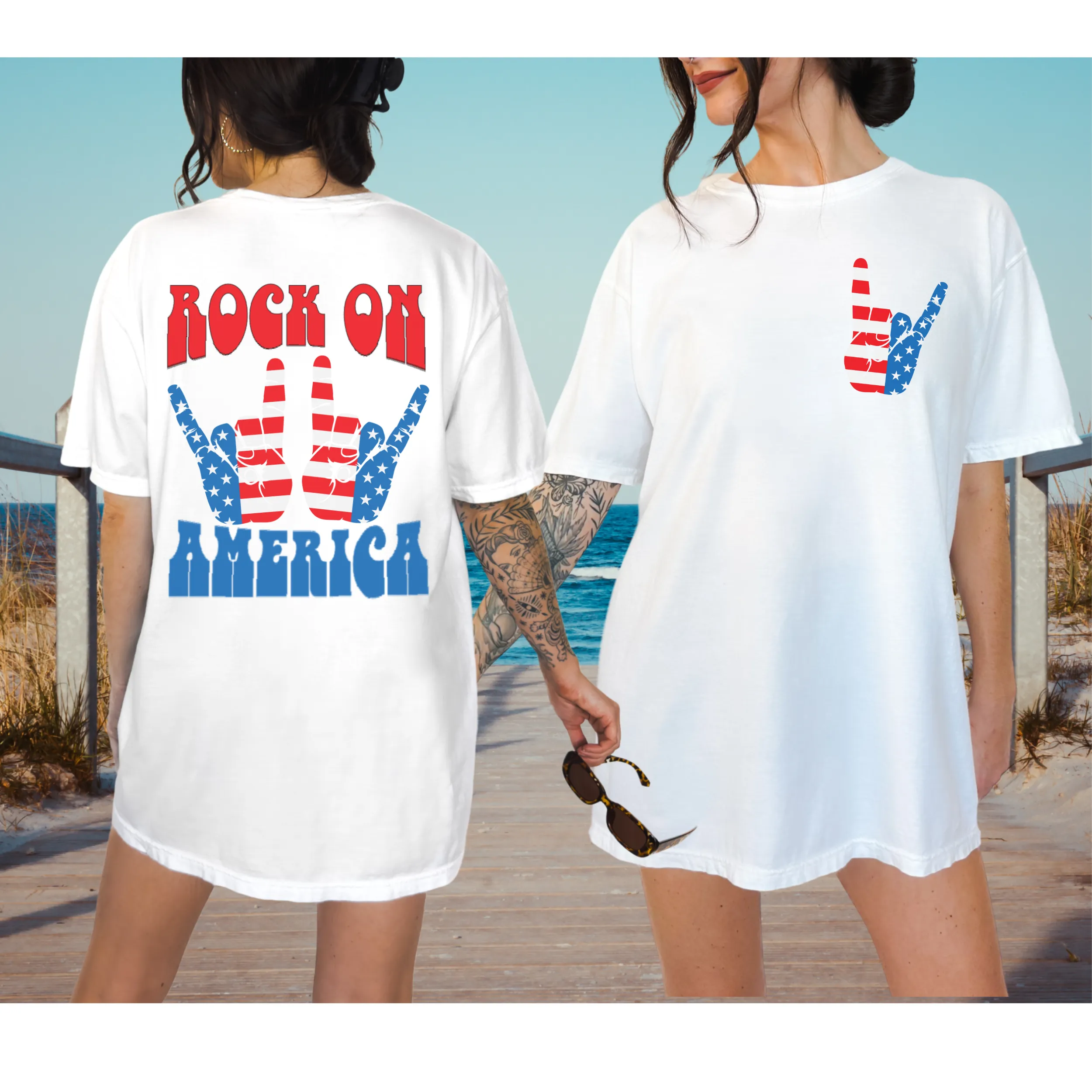 Rock On America Crewneck Sweatshirt or T-Shirt Women's Fourth of July Front and Back Design