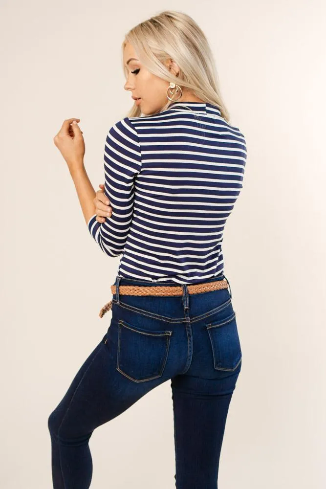 This Chic Blue & White Mock Neck Top-FINAL SALE