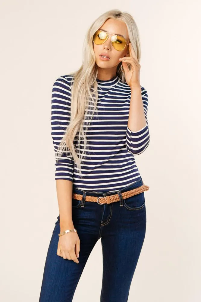 This Chic Blue & White Mock Neck Top-FINAL SALE