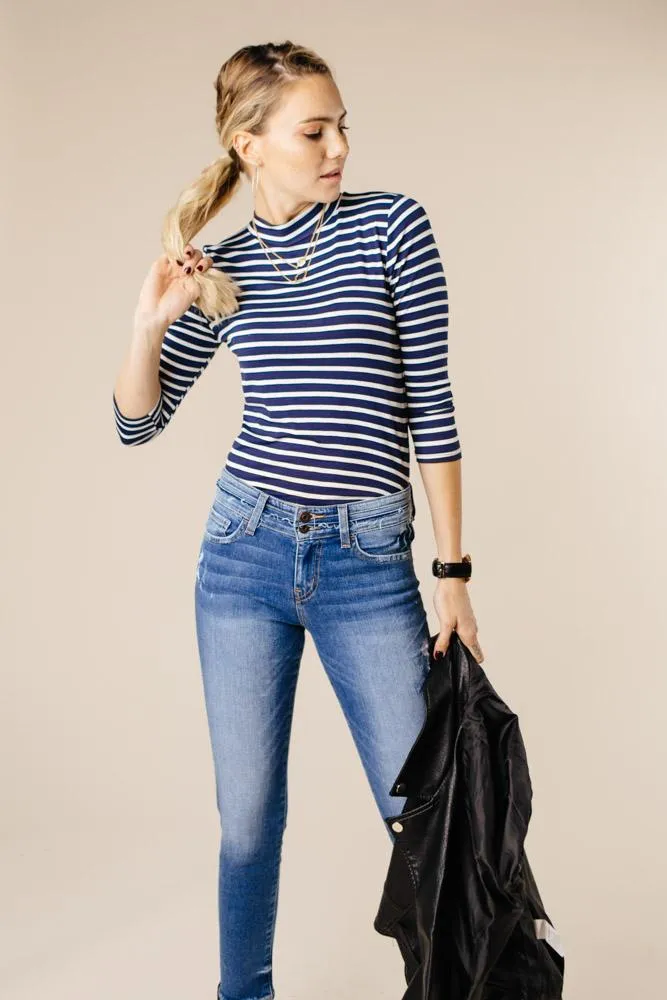 This Chic Blue & White Mock Neck Top-FINAL SALE