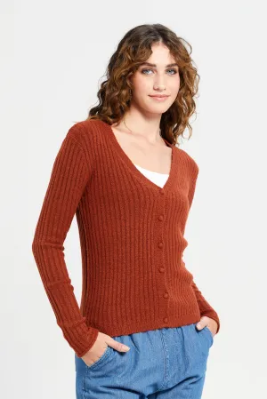 Women Brown V Neck Knitted Cardigan